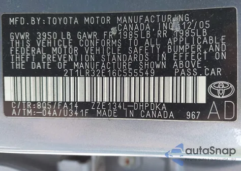 2006 Toyota Matrix из США, поврежденный, VIN 2T1LR32E16C555549